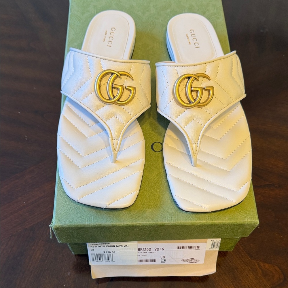 Gucci Cream Quilted GG Thong Slides with Gold Hardware